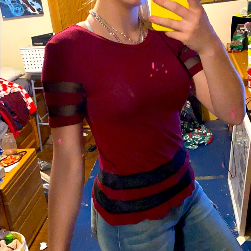 Soft Maroon, red tee shirt with mesh stripes